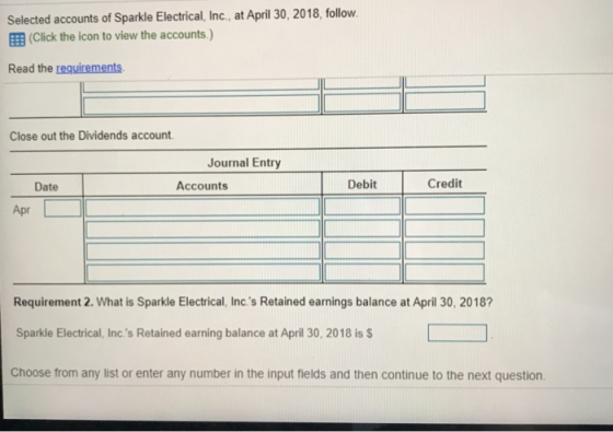 Selected accounts of Sparkle Electrical, Inc., at April 30, 2018, follow. B (Click the icon to view the accounts.) Read the r