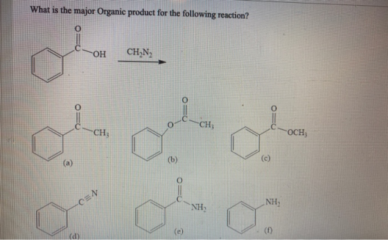 What is the major Organic product for the following reaction? 0 OH CH_N CH, CH; TOCH; (a (b) (c) CEN NH ΝΗΣ © (a)