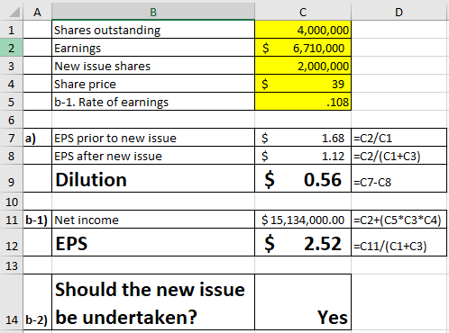 1 $ Shares outstanding Earnings New issue shares Share price b-1. Rate of earnings 4,000,000 6,710,000 2,000,000 $ 39 .108 $