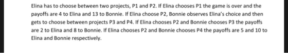 Elina has to choose between two projects, P1 and P2. If Elina chooses P1 the game is over and the payoffs are 4 to Elina and