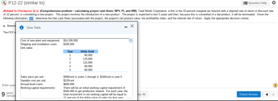 % P12-22 (similar to) 18 Question Help (Related to Checkpoint 12.1) (Comprehensive problem-calculating project cash flows, NP