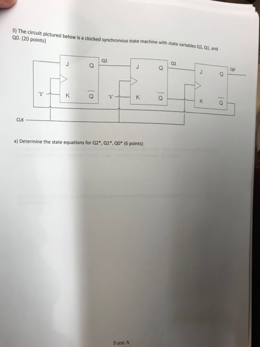 3) The circuit pictured below is a clocked synchronous state machine with state variables 02, 01,and Q0.(20 points) 02 01 CLK a) Determine the state equations for 02*, 01*,00* (6 points) Form A