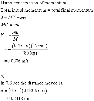 Using conservation of mom entum Total initial momentum total final momentum 0=MV+mu Y21u (0.43 kg) (15 m/s) (80 kg) -0.0806 m