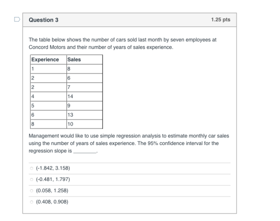 Question 3 1.25 pts The table below shows the number of cars sold last month by seven employees at Concord Motors and their n
