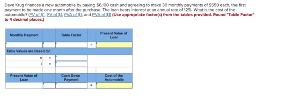 Dave Krug finances a new automobile by paying $6,100 cash and agreeing to make 30 monthly payments of $550 each, the first pa