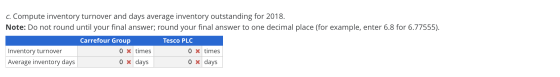 C. Compute inventory turnover and days average inventory outstanding for 2018. Note: Do not round until your final answer; ro