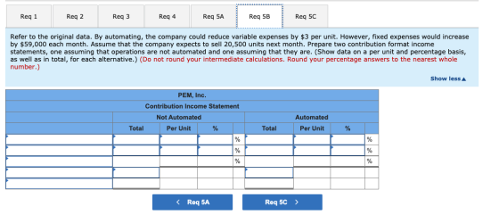 Req 1 Req 2 Reg 3 Req 4 Req 5A Req 5B Req 5C Refer to the original data. By automating, the company could reduce variable exp
