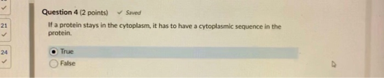 21 Question 4 (2 points) Saved If a protein stays in the cytoplasm, it has to have a cytoplasmic sequence in the protein 24 T