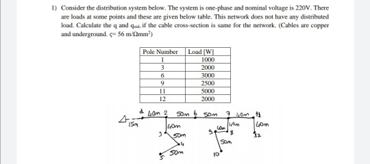 1) Consider the distribution system below. The system is one-phase and nominal voltage is 220V. There are loads at some point