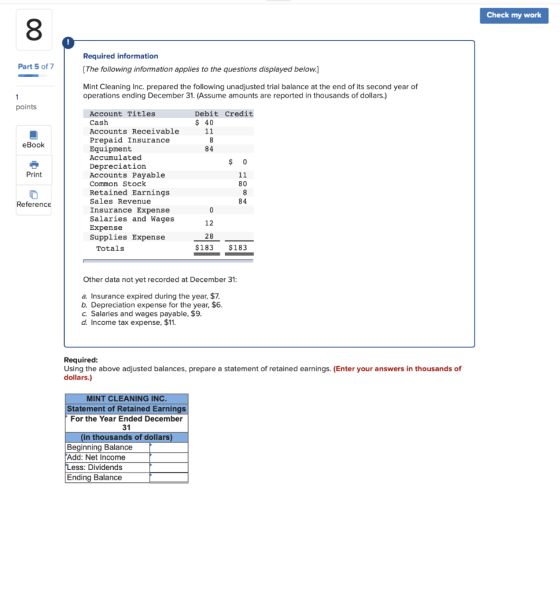 Check my work Part 5 of 7 Required information (The following information applies to the questions displayed below.) Mint Cle