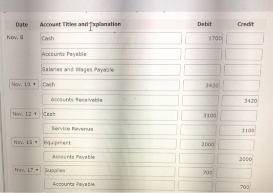 Date Debit Credit Account Titles and Explanation Cash Nov. 8 1700 Accounts Payable Salaries and Wages Payable Nov. 10 Cash 34