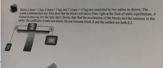 Blocks A (mass 2kg), B(mass 5 kg), and C (mass 15 kg) are connected by two cables as shown. The system is released from rest. First show that the blocks will move (hint: right at the limit of static equilibrium, A is about to move up, B to the right, and Cdown), then find the acceleration of the blocks and the tensions in the cables. The coefficient of static and kinetic friction between block B and the surface are both 0.3