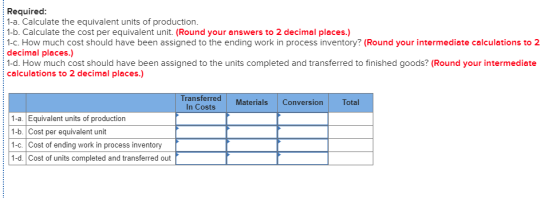 Required: 1-a. Calculate the equivalent units of production. 1-b. Calculate the cost per equivalent unit. (Round your answers