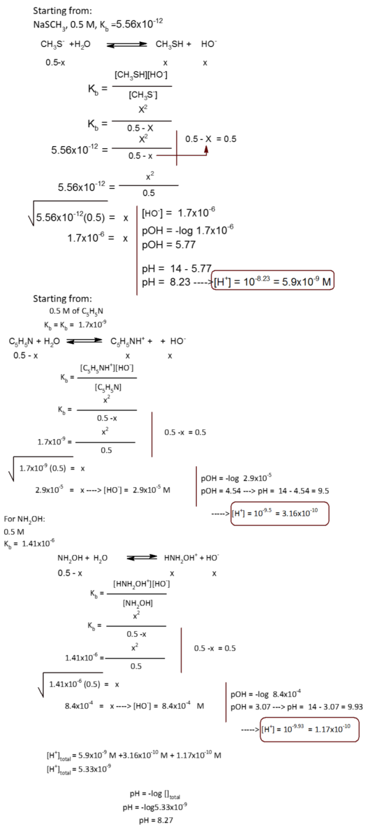 х х Starting from: NaSCH3, 0.5 M, K7 =5.56x10-12 CH,S +H20 CH,SH + HO 0.5-x [CH,SH][H0] Kg = [CH,S] x? Ko = 0.5-X X? 0.5- X