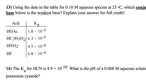 13) Using the data in the table for 0.10 M aqueous species at 25°C, which conju base below is the weakest base? Explain your