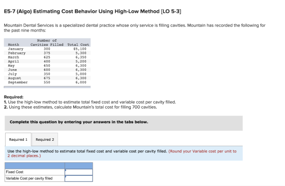 E5-7 (Algo) Estimating Cost Behavior Using High-Low Method [LO 5-3] Mountain Dental Services is a specialized dental practice