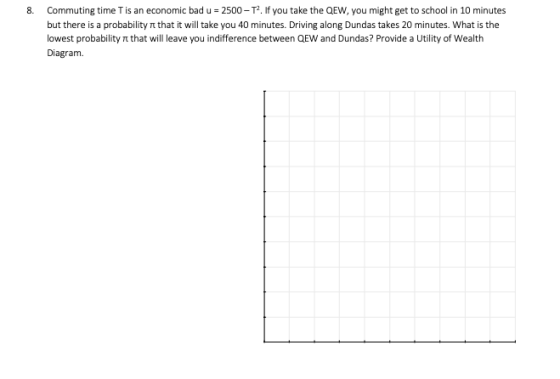 8. Commuting time T is an economic bad u = 2500-T2. If you take the QEW, you might get to school in 10 minutes but there is a