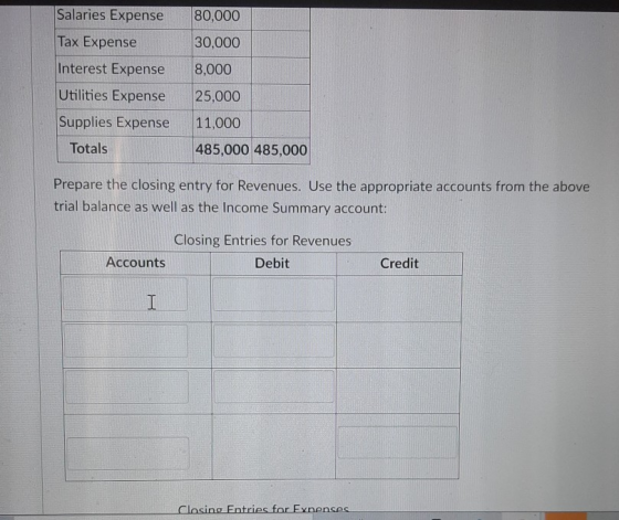 80,000 30,000 Salaries Expense Tax Expense Interest Expense Utilities Expense Supplies Expense 8,000 25,000 11,000 Totals 485