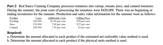 Part 2: Red Sauce Canning Company processes tomatoes into catsup, tomato juice, and canned tomatoes. During the summer, the j