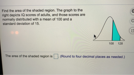 Find the area of the shaded region. The graph to the right depicts IQ scores of adults, and those scores are normally distrib