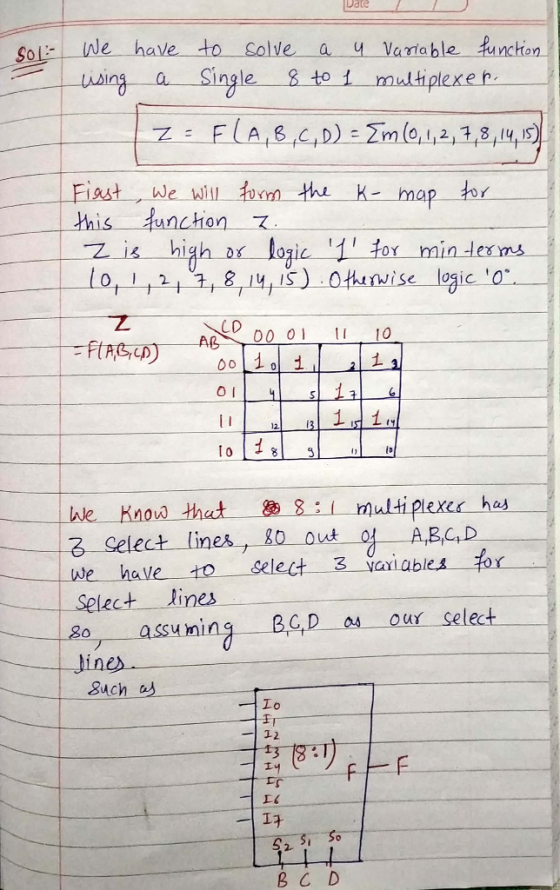 S012- a We have to solve u Variable function using a single 8 to 1 multiplexer. Z : FLA 8 C, D) - 2m (0, 1, 2,13,14, S) K- ma
