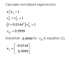 Calculate normalized eigenvectors 2122 (1 +0.01442)ย์ 22 -0.9999 Substitute 0.9999 for V22 in equation (2), -0.0144 v,-| 0.9