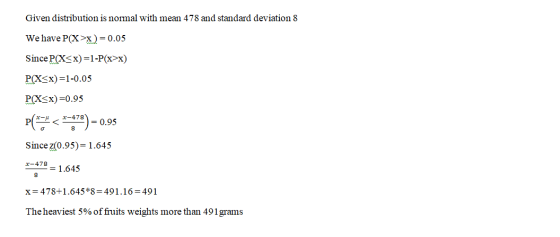 Given distribution is normal with mean 478 and standard deviation 8 We have P(X>x)=0.05 Since P(X<x)=1-P(x>x) P(X<x)=1-0.05 P