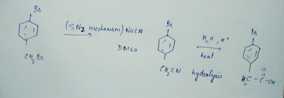 (S Nq mechanism) Na CN Mon DMSO ch Br heat CHCN hydrolysis HC-C-on