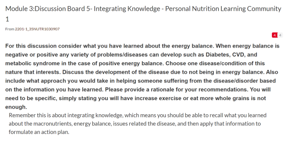Module 3:Discussion Board 5- Integrating Knowledge - Personal Nutrition Learning Community From 2201-1_35NUTR1030907 4 4 For