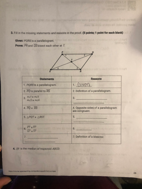 3. Fill in the missing statements and reasons in the proof. (5 points; 1 point for each blank) Given: PQRS is a parallelogram