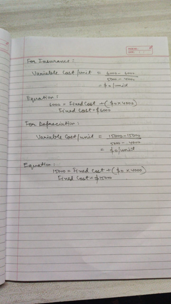 DATE For Insurance : 6000 6000 5000 - 4ooo Variable cost unit = $olunid Equation: 6000 = Fined cast + $0x4000) fined cost = $