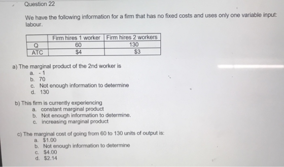 Question 22 We have the following information for a firm that has no fixed costs and uses only one variable input: labour. Fi