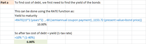 Parta To find cost of debt, we first need to find the yield of the bonds This can be done using the RATE function as: Yield t