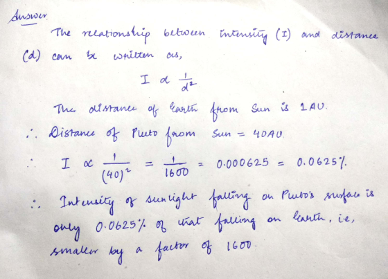 Answr The neationship butwun tntnsiay () amd dinance (d) can wnittn The oiMane o om Sun 1AU. istane ruto nom Sun 40AU I 0.062