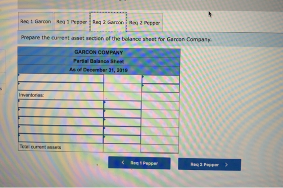 Req 1 Garcon Req 1 Pepper Req 2 Garcon Reg 2 Pepper Company Prepare the current asset section of the balance sheet for Garcon