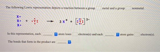 The following Lewis representation depicts a reaction between a group metal and a group nonmetal. X. + oy: 3x+ + [Pd]3- In th