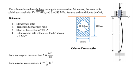 The column shown has a hollow rectangular cross-section. I=6 meters, the material is cold-drawn steel with E=207 GPa and Sy=5