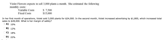 Violet Flowers expects to sell 3,000 plants a month. She estimated the following monthly costs: Variable Costs $ 7,500 Fixed
