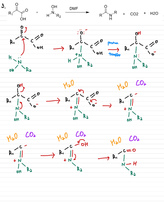 3. R1 DMF он т N R2 R + + CO2 Н20 н он :о: он Ri proton ой Ri ың tN transfer N: н SN R2 он В, OH Ra oh ОН. сго OH Ra OH Ra -