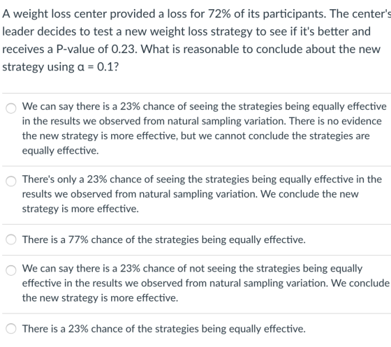A weight loss center provided a loss for 72% of its participants. The centers leader decides to test a new weight loss strategy to see if its better and receives a P-value of 0.23. What is reasonable to conclude about the new strategy using a 0.1? We can say there is a 23% chance of seeing the strategies being equally effective in the results we observed from natural sampling variation. There is no evidence the new strategy is more effective, but we cannot conclude the strategies are equally effective. Theres only a 23% chance of seeing the strategies being equally effective in the results we observed from natural sampling variation. We conclude the new strategy is more effective. There is a 77% chance of the strategies being equally effective. We can say there is a 23% chance of not seeing the strategies being equally effective in the results we observed from natural sampling variation. We conclude the new strategy is more effective There is a 23% chance of the strategies being equally effective.