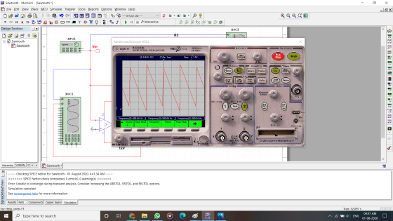 Sawtooth - Multisim - (Sawtooth*] - File Edit View Place MCU Simulate Transfer Tools Reports Options Window Help -2X --- In-U