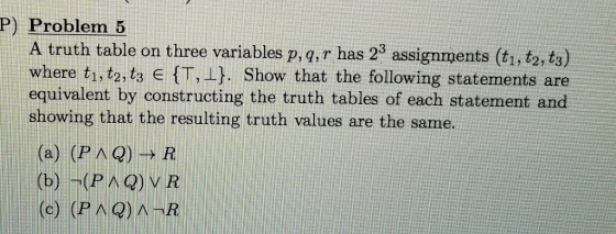 P) Problem 5 A truth table on three variables p, q, r has 23 assignments (ti, t2, t3) where ty, t2, t3 e {T,ㅘ. Show that the following statements are equivalent by constructing the truth tables of each statement and showing that the resulting truth values are the same.