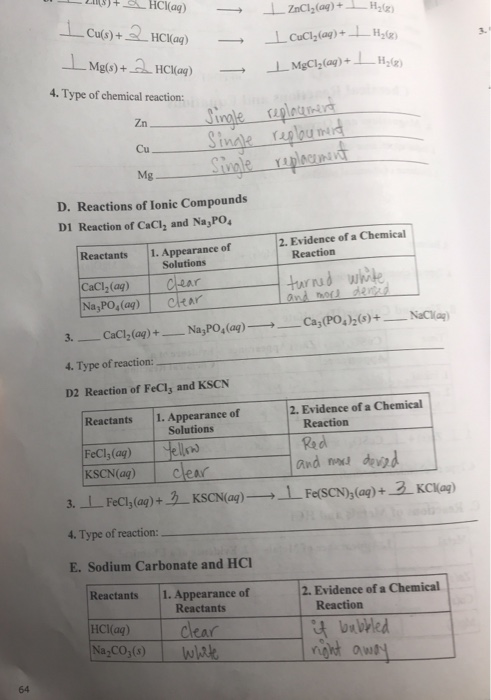 HC(ag) ZnCl2(ag)+ H) Cu)+HCI09) CuCly(ag)+H) Mg(s)+ HCI(aq) MgCl(ag)+ 4. Type of chemical reaction: ingle replocnet Zn Stingl