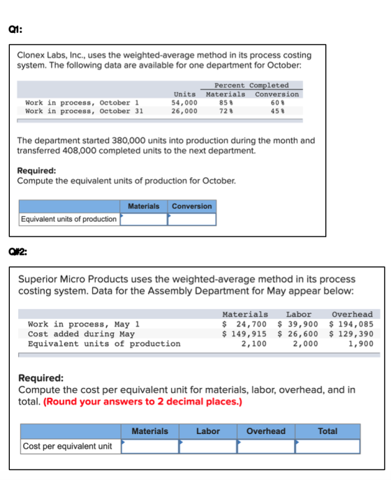 Q1: Clonex Labs, Inc., uses the weighted average method in its process costing system. The following data are available for o