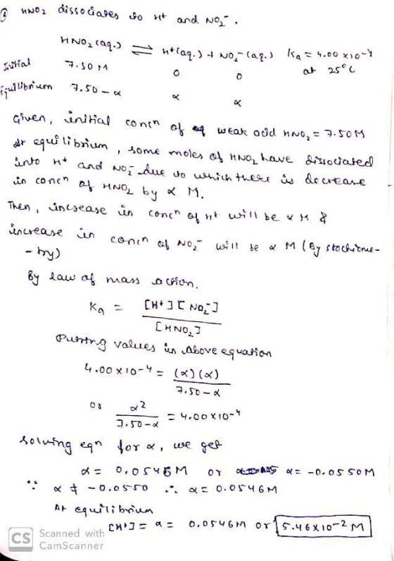 a nNO2 dissociates to it and no HNO (99-) 1aq.) + NO wrial 7.50 7.50. H(aq) + No-las) ka = 4.00 x10-Y at 25°C coullibrium giv