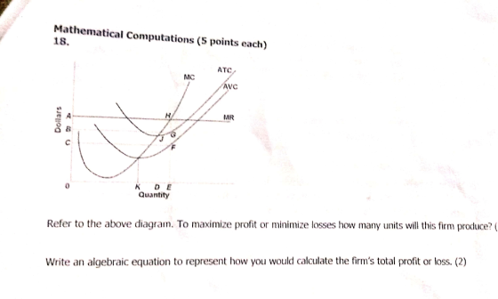 Mathematical Computations (5 points each) 18. MC ATC Avc Dollars к о Е Quantity Refer to the above diagram. To maximize profi
