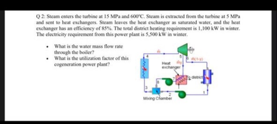 Q2: Steam enters the turbine at 15 MPa and 600°C, Steam is extracted from the turbine at 5 MPa and sent to heat exchangers. S