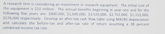 A research firm is considering an investment in research equipment. The initial cost of the equipment is $10 million. The ann