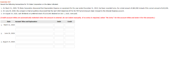 Exercise 157 Record the following transactions for Tri-State Corporation on the dates indicated 1. On March 31, 2020, Tri-State Corporation discovered that Depreciation Expense on equipment for the year ended December 31, 2019, had been recorded twice, for a total amount of $84,000 instead of the correct amount of $42,000 2. On June 30, 2020, the companys internal auditors discovered that the April 2020 telephone bill for $3,700 had erroneously been charged to the Interest Expense account. 3.On August 14, 2020, cash dividends on preferred stock of $150,000 declared on July 1, 2020, were paid (Credit account titles are automatically indented when the amount is entered. Do not indent manually. If no entry is required, select No Entry for the account titles and enter 0 for the amounts.) Date Account Titles and Explanation Debit Credit 1. March 31, 2020 2. June 30, 2020 3. August 14, 2020