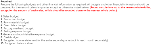 Required: Prepare the following budgets and other financial information as required. All budgets and other financial information should be prepared for the second calendar quarter, except as otherwise noted below. (Round calculations up to the nearest whole dollar except for the amount of cash sales, which should be rounded down to the nearest whole dollar.): 1. Sales budget. 2. Production budget. 3. Raw materials budget 4. Direct labor budget. 5. Factory overhead budget. 6. Selling expense budget. 7. General and administrative expense budget. 8. Cash budget. 9. Budgeted income statement for the entire second quarter (not for each month separately). 10. Budgeted balance sheet.